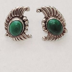 Malachite & Sterling Silver Earrings, Screwback- Vintage, Artisan Made, Mexico